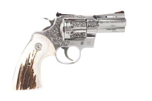 COLT FIREARMS PYTHON ENGRAVED STAINLESS .357 MAG 3" BARREL 6-ROUNDS W/ ELK STAG GRIPS